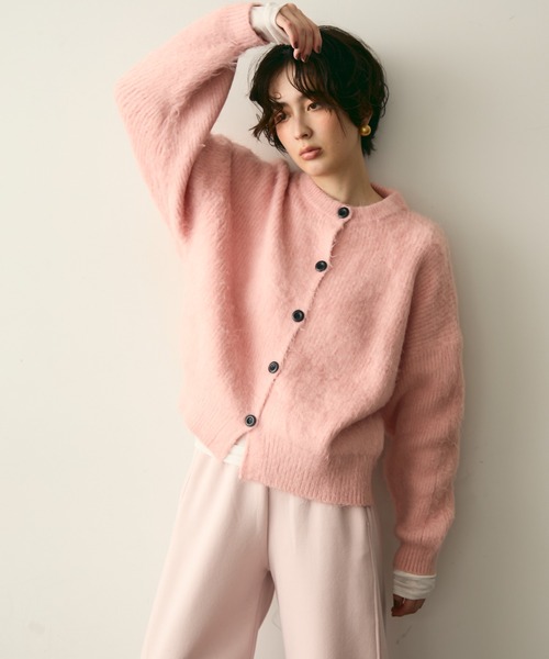 シャギー配色釦ラウンドネックニットカーデ（カーディガン/ボレロ