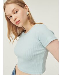Logo Ribbed Crop Half Sleeve T-Shirt [sky blue]