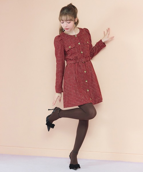 REDYAZEL（レディアゼル）の「MIXツイードパフスリーブミニワンピース（ワンピース・レディース・ブラック/ベージュ/ボルドー・MEDIUM/SMALL）」の10枚目の写真