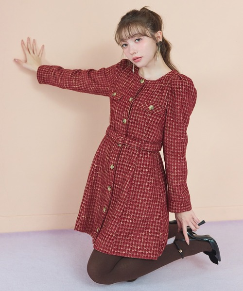 REDYAZEL（レディアゼル）の「MIXツイードパフスリーブミニワンピース（ワンピース・レディース・ブラック/ベージュ/ボルドー・MEDIUM/SMALL）」の11枚目の写真
