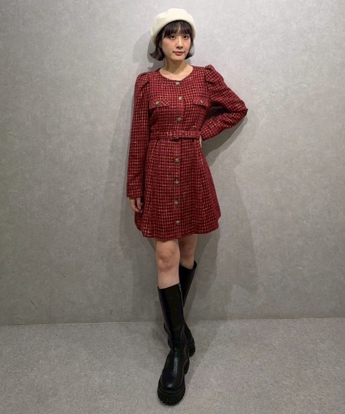 REDYAZEL（レディアゼル）の「MIXツイードパフスリーブミニワンピース（ワンピース・レディース・ブラック/ベージュ/ボルドー・MEDIUM/SMALL）」の9枚目の写真