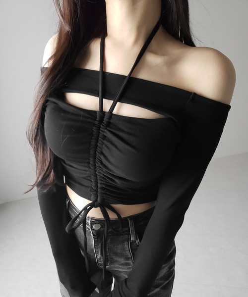 me+em select（ミームセレクト）の「【 ３color 】裏起毛カットアウトシャーリングぴちカットソートップス ／ urakimo cutout shirring pichi cutsew tops（Tシャツ/カットソー・レディース・ホワイト/ブラック/グレー・FREE）」の20枚目の写真