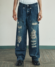 DESTROYED DOUBLE KNEE DENIM PANTS BLUE