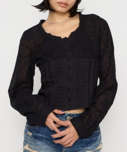 LAGUA GEM（ラグアジェム）の「FRILL NECK COTTON ブラウス（シャツ/ブラウス・レディース・ブラック/カーキ/ホワイト・FREE）」の2枚目の写真