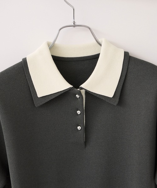 VIS（ビス）の「ダブルカラーポロトップス/イージーケア・WEB限定カラー（ニット/セーター・レディース・チャコールグレー/キャメル/グレー/ベージュ・FREE）」の12枚目の写真