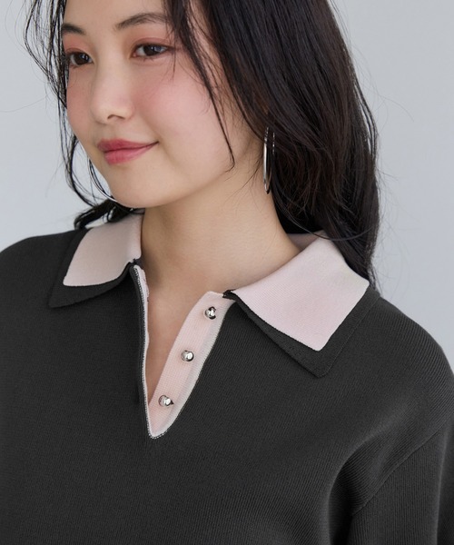 VIS（ビス）の「ダブルカラーポロトップス/イージーケア・WEB限定カラー（ニット/セーター・レディース・チャコールグレー/キャメル/グレー/ベージュ・FREE）」の19枚目の写真