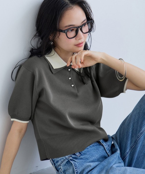 VIS（ビス）の「ダブルカラーポロトップス/イージーケア・WEB限定カラー（ニット/セーター・レディース・チャコールグレー/キャメル/グレー/ベージュ・FREE）」の20枚目の写真