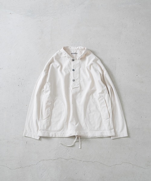 quadro（クオドロ）の「BDドライ度詰め天竺布帛コンビ衿付きP/O（Tシャツ/カットソー・メンズ・グレー/ダークネイビー/キナリ・LARGE/MEDIUM）」の4枚目の写真