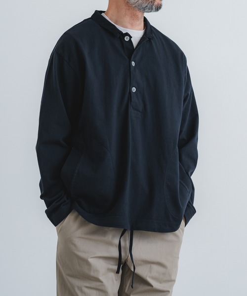 quadro（クオドロ）の「BDドライ度詰め天竺布帛コンビ衿付きP/O（Tシャツ/カットソー・メンズ・グレー/ダークネイビー/キナリ・LARGE/MEDIUM）」の20枚目の写真