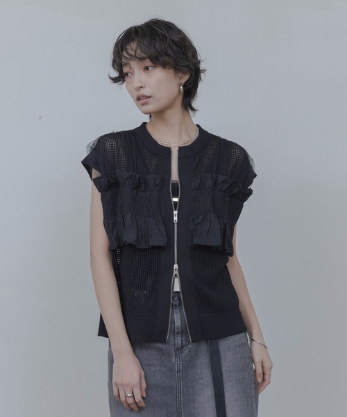 シャーリングフリルメッシュニットベスト Eimee Law│Eimee Law