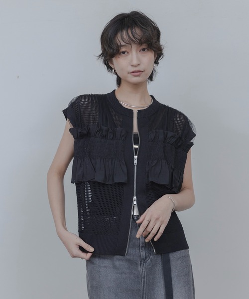 シャーリングフリルメッシュニットベスト Eimee Law│Eimee Law
