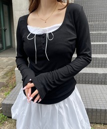 レース レイヤード サテンリボントップス