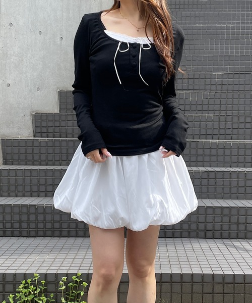 ROGER AND RAW(ロジャーアンドロウ)の「レース レイヤード サテンリボントップス(Tシャツ/カットソー・レディース・ブラック/ベビーピンク・FREE)」の6枚目の写真