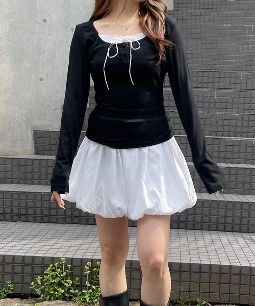 ROGER AND RAW(ロジャーアンドロウ)の「レース レイヤード サテンリボントップス(Tシャツ/カットソー・レディース・ブラック/ベビーピンク・FREE)」の5枚目の写真