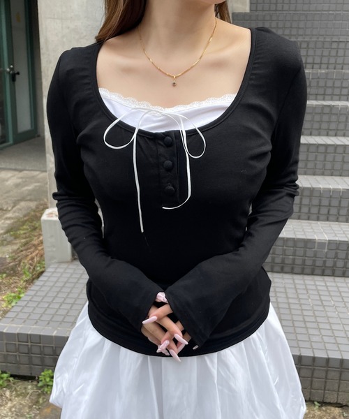 ROGER AND RAW(ロジャーアンドロウ)の「レース レイヤード サテンリボントップス(Tシャツ/カットソー・レディース・ブラック/ベビーピンク・FREE)」の19枚目の写真