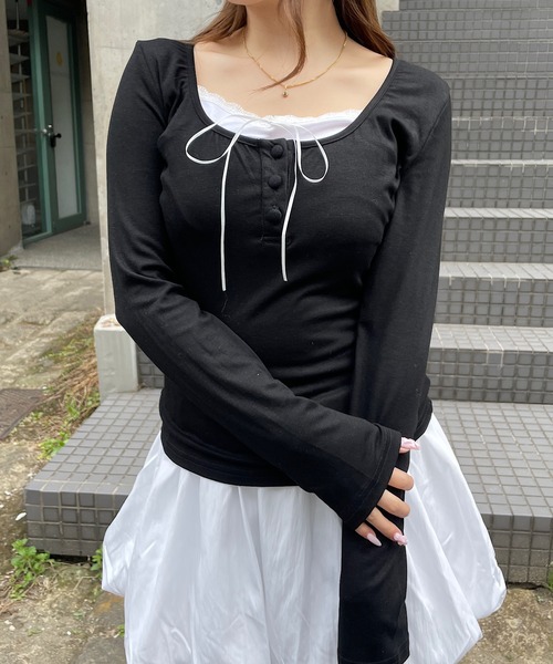 ROGER AND RAW(ロジャーアンドロウ)の「レース レイヤード サテンリボントップス(Tシャツ/カットソー・レディース・ブラック/ベビーピンク・FREE)」の8枚目の写真