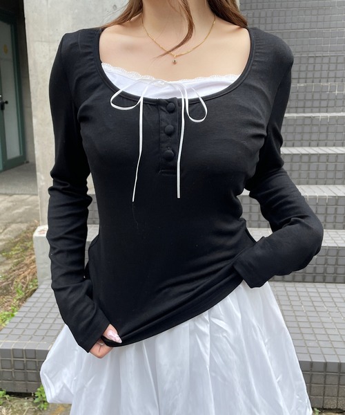 ROGER AND RAW(ロジャーアンドロウ)の「レース レイヤード サテンリボントップス(Tシャツ/カットソー・レディース・ブラック/ベビーピンク・FREE)」の7枚目の写真