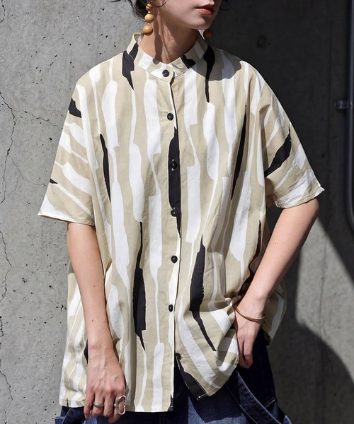antiqua(アンティカ)の「綿100% ストライプ柄 シャツ(シャツ/ブラウス・レディース・ブラック/ベージュ・ONESIZE)」の2枚目の写真