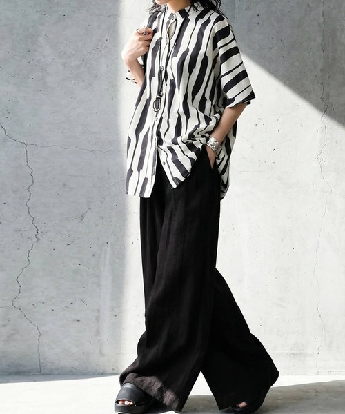 antiqua(アンティカ)の「綿100% ストライプ柄 シャツ(シャツ/ブラウス・レディース・ブラック/ベージュ・ONESIZE)」の5枚目の写真
