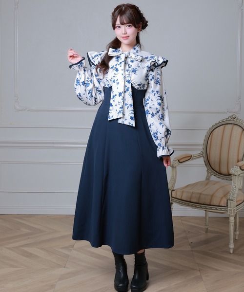 Anely(アネリー)の「花柄 ボウタイ リボン ドッキング ロング ワンピース(ワンピース・レディース・ブラック/チャコールグレー/ネイビー・FREE)」の22枚目の写真