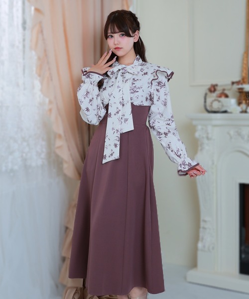 Anely(アネリー)の「花柄 ボウタイ リボン ドッキング ロング ワンピース(ワンピース・レディース・ブラック/チャコールグレー/ネイビー・FREE)」の13枚目の写真