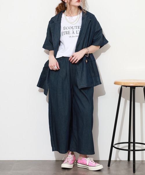 atONE（アットワン）の「エアリーデニム前タックワイドパンツ（デニムパンツ・レディース・ネイビー/ワンウォッシュ・M/L/LL/3L/4L）」の9枚目の写真