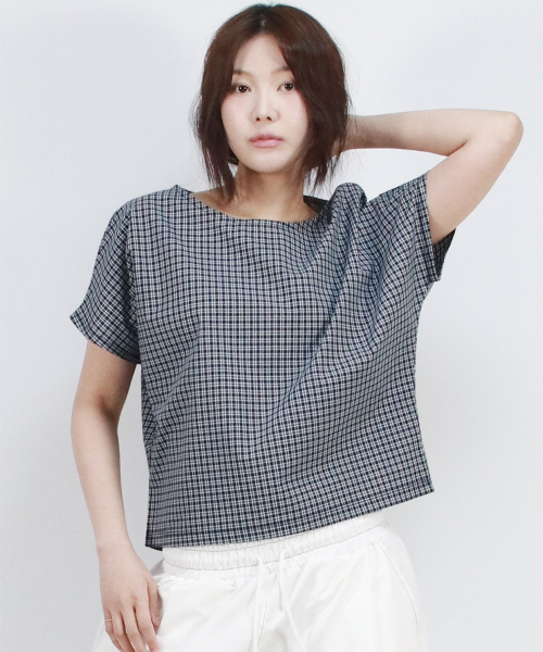DEMARC(ドゥマーク)の「checkered mini French short-sleeved shirt Blue(Tシャツ/カットソー・レディース・ブルー・SMALL/MEDIUM)」の5枚目の写真