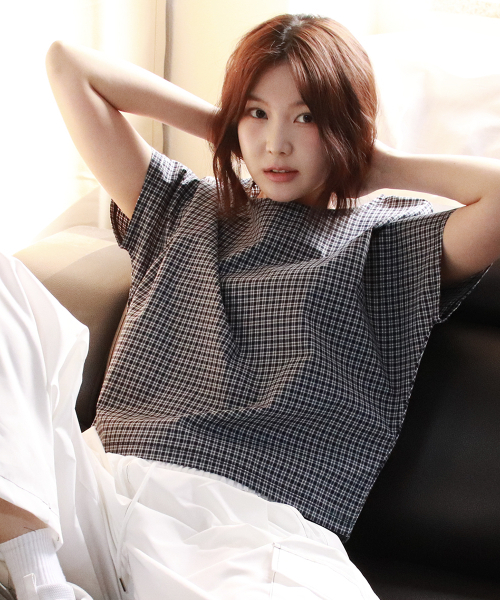 DEMARC(ドゥマーク)の「checkered mini French short-sleeved shirt Blue(Tシャツ/カットソー・レディース・ブルー・SMALL/MEDIUM)」の9枚目の写真