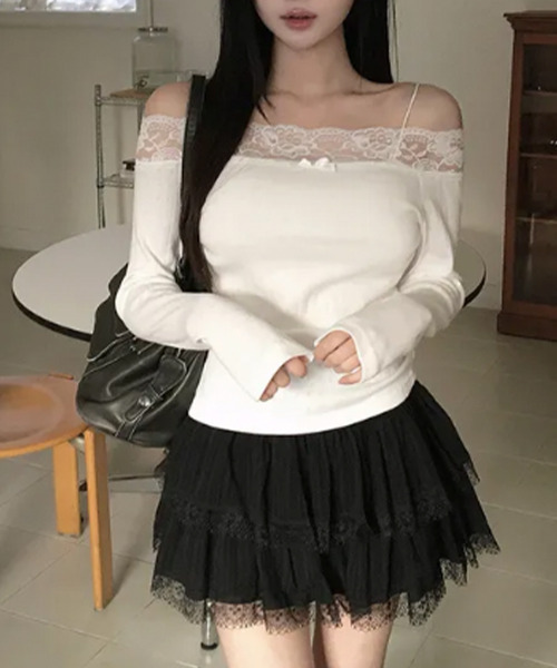 VIVID LADY（ビビッドレディー）の「レースネック オフショルダータイトトップス（Tシャツ/カットソー・レディース・ピンク/アイボリー・FREE）」の10枚目の写真
