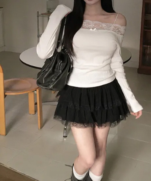 VIVID LADY（ビビッドレディー）の「レースネック オフショルダータイトトップス（Tシャツ/カットソー・レディース・ピンク/アイボリー・FREE）」の11枚目の写真