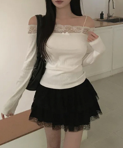 VIVID LADY（ビビッドレディー）の「レースネック オフショルダータイトトップス（Tシャツ/カットソー・レディース・ピンク/アイボリー・FREE）」の14枚目の写真