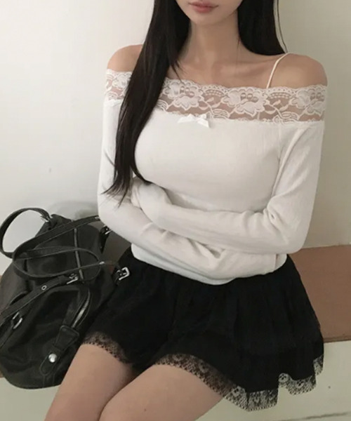 VIVID LADY（ビビッドレディー）の「レースネック オフショルダータイトトップス（Tシャツ/カットソー・レディース・ピンク/アイボリー・FREE）」の13枚目の写真