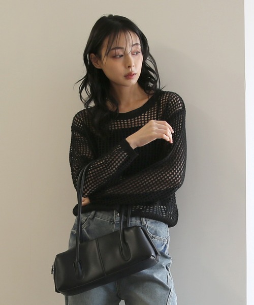 No one knows（ノーワンノーズ）の「ZOZO限定 透かし編みニットプルオーバー(インナー付き)2点セット（アンサンブル・レディース・ブラック/ホワイト・FREE）」の7枚目の写真