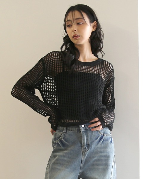 No one knows（ノーワンノーズ）の「ZOZO限定 透かし編みニットプルオーバー(インナー付き)2点セット（アンサンブル・レディース・ブラック/ホワイト・FREE）」の3枚目の写真