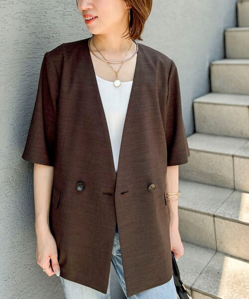 NOLLEY’S（ノーリーズ）の「ウォッシャブルトリアセ混ノーカラー半袖ジャケット（ノーカラージャケット・レディース・グレイッシュベージュ/ブラウン・38）」の14枚目の写真
