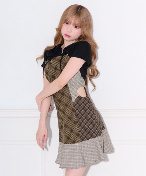 apres jour ミニキャミワンピース&ショートニットトップス サイドカット切り替えチェックミニキャミワンピース（ワンピース