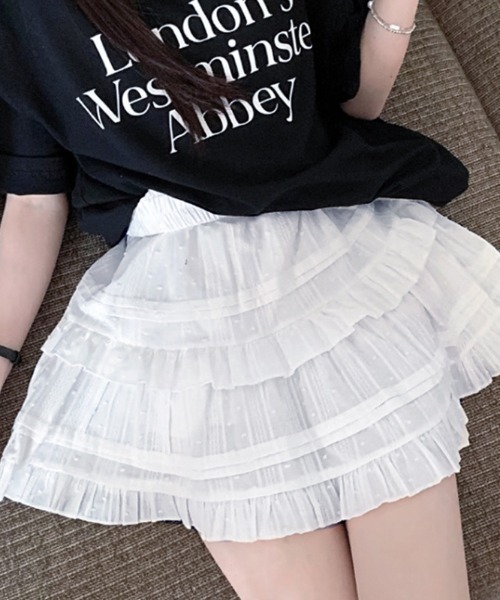boemy(ボエミー)の「インナーパンツ付き フリルレースティアード ミニスカート(スカート・レディース・ブラック/ホワイト・M/S/L)」の5枚目の写真