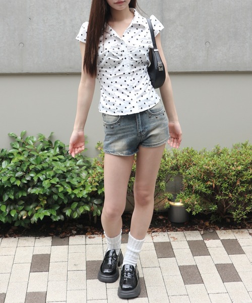 tinkerend(ティンカーエンド)の「Gathered Dot Blouse / ギャザードットブラウス(シャツ/ブラウス・レディース・ホワイト/ブラック・FREE)」の6枚目の写真