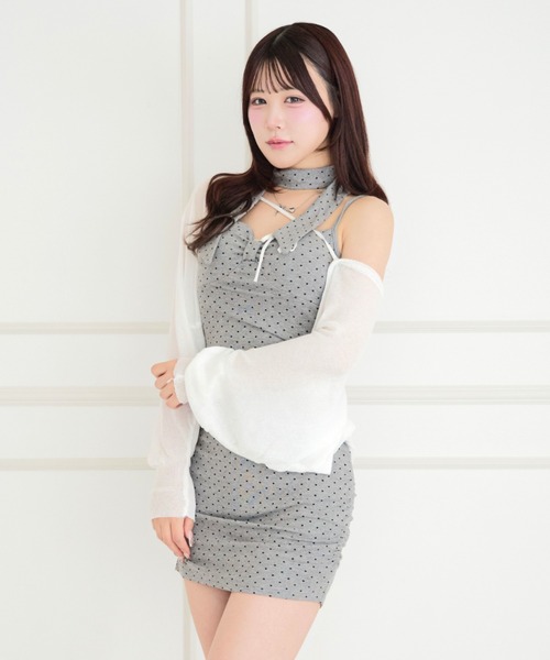 ALLuRing ChaRm(アリュリングチャーム)の「【3点セット】Bolero & Dot Gathered Camisole Dress Set / ボレロ&ドット柄ギャザーキャミワンピースセット(ワンピース・レディース・ブラック/グレー・FREE)」の2枚目の写真