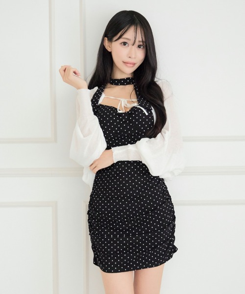 ALLuRing ChaRm(アリュリングチャーム)の「【3点セット】Bolero & Dot Gathered Camisole Dress Set / ボレロ&ドット柄ギャザーキャミワンピースセット(ワンピース・レディース・ブラック/グレー・FREE)」の5枚目の写真