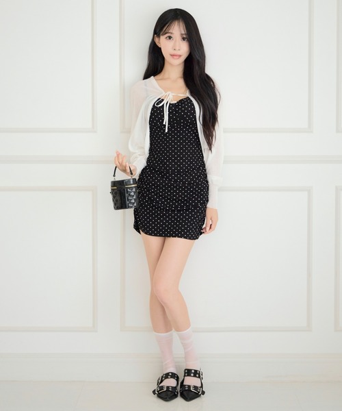 ALLuRing ChaRm(アリュリングチャーム)の「【3点セット】Bolero & Dot Gathered Camisole Dress Set / ボレロ&ドット柄ギャザーキャミワンピースセット(ワンピース・レディース・ブラック/グレー・FREE)」の9枚目の写真