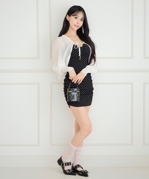 ALLuRing ChaRm(アリュリングチャーム)の「【3点セット】Bolero & Dot Gathered Camisole Dress Set / ボレロ&ドット柄ギャザーキャミワンピースセット(ワンピース・レディース・ブラック/グレー・FREE)」の11枚目の写真