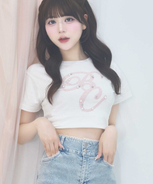 OLIVE des OLIVE(オリーブデオリーブ)の「【Belle Charme】Tweed BC Logo Tee(Tシャツ/カットソー・レディース・ホワイト/オフホワイト/ブラック・FREE)」の1枚目の写真