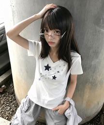スタープリント Vネック ストレッチ半袖Tシャツ