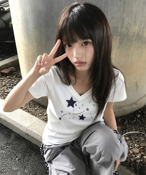 WESTSEA（ウエストシー）の「スタープリント Vネック ストレッチ半袖Tシャツ（Tシャツ/カットソー・レディース・ライトグレー/ホワイト・L/M）」の6枚目の写真