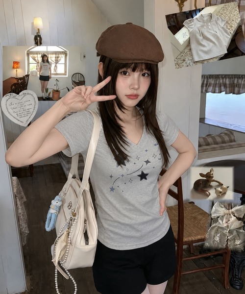 WESTSEA（ウエストシー）の「スタープリント Vネック ストレッチ半袖Tシャツ（Tシャツ/カットソー・レディース・ライトグレー/ホワイト・L/M）」の11枚目の写真