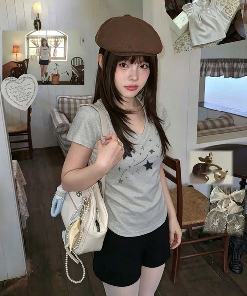 WESTSEA（ウエストシー）の「スタープリント Vネック ストレッチ半袖Tシャツ（Tシャツ/カットソー・レディース・ライトグレー/ホワイト・L/M）」の8枚目の写真