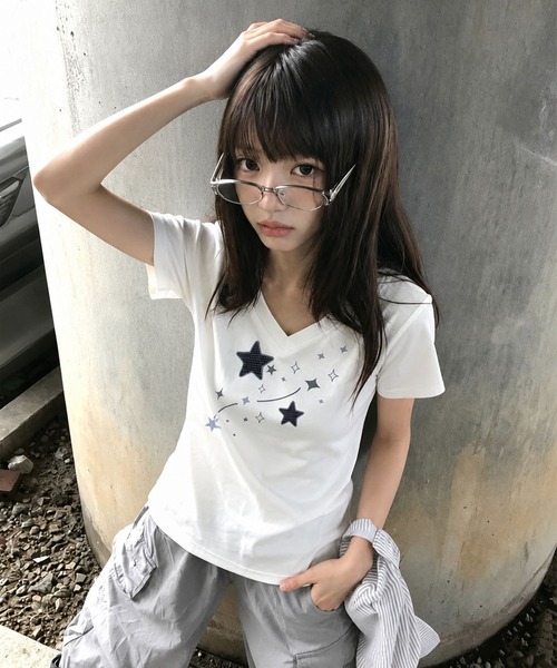 WESTSEA（ウエストシー）の「スタープリント Vネック ストレッチ半袖Tシャツ（Tシャツ/カットソー・レディース・ライトグレー/ホワイト・L/M）」の4枚目の写真