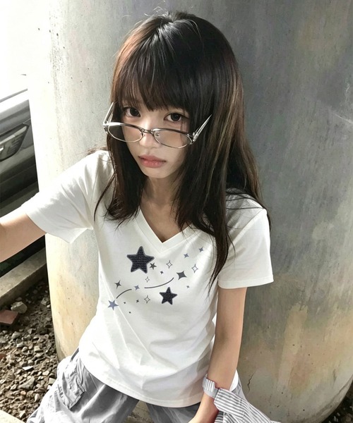 WESTSEA（ウエストシー）の「スタープリント Vネック ストレッチ半袖Tシャツ（Tシャツ/カットソー・レディース・ライトグレー/ホワイト・L/M）」の3枚目の写真