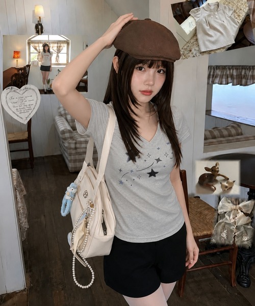WESTSEA（ウエストシー）の「スタープリント Vネック ストレッチ半袖Tシャツ（Tシャツ/カットソー・レディース・ライトグレー/ホワイト・L/M）」の9枚目の写真